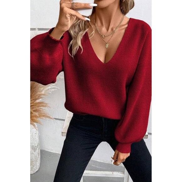 Womens Knit Sweater V Neck Off Shoulder Oversized Long Sleeve Pullover - Picture 4 of 5